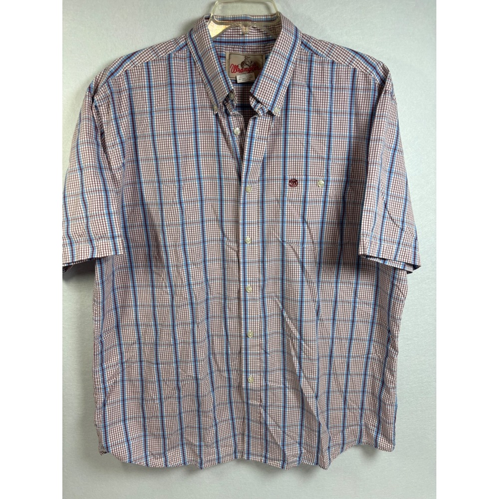 Wrangler Shirt Mens XXL Blue Red Plaid Cotton Western Short Sleeve Button Up